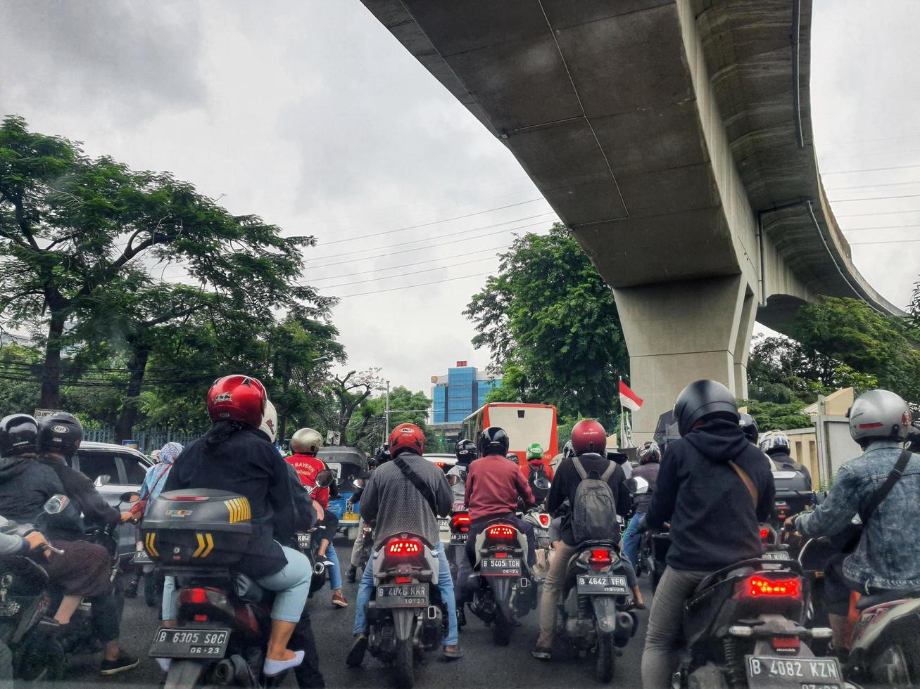 Jakarta, Indonesia in July 2022. There is a traffic jam under the Becakayu Toll Road photo