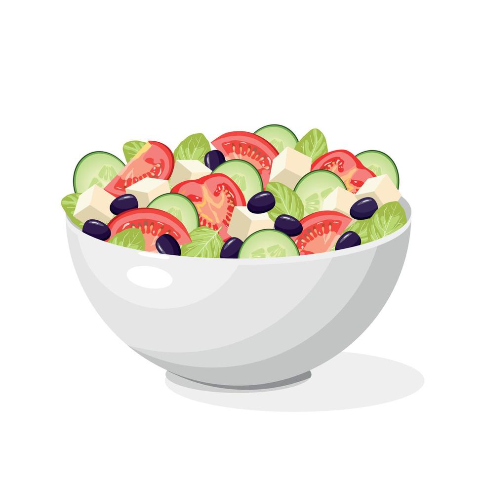 Traditional Greek salad with slices of feta cheese, tomatoes, cucumbers, olives on a white background. vector