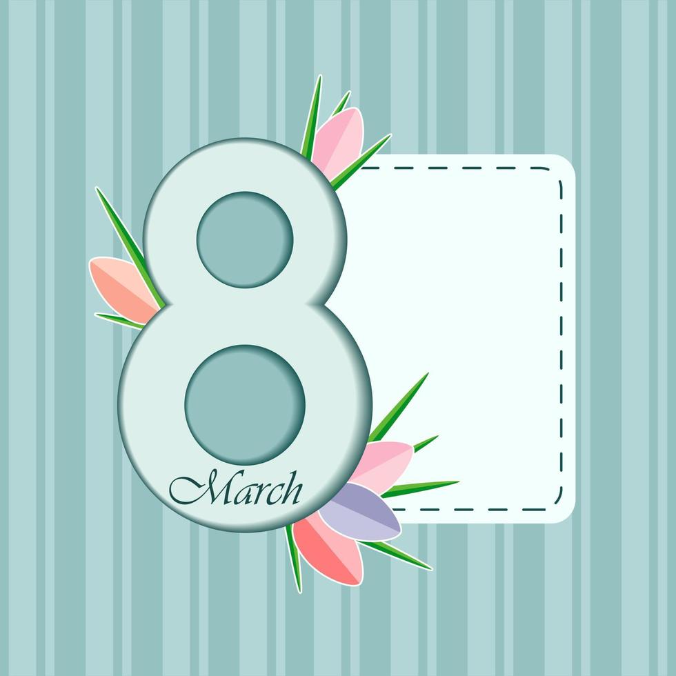 Turquoise World Women s Day card template with a vertical stripe with a space for notes and the number eight. Multicolored tulips in paper style. Vector. Square. Postcard. vector