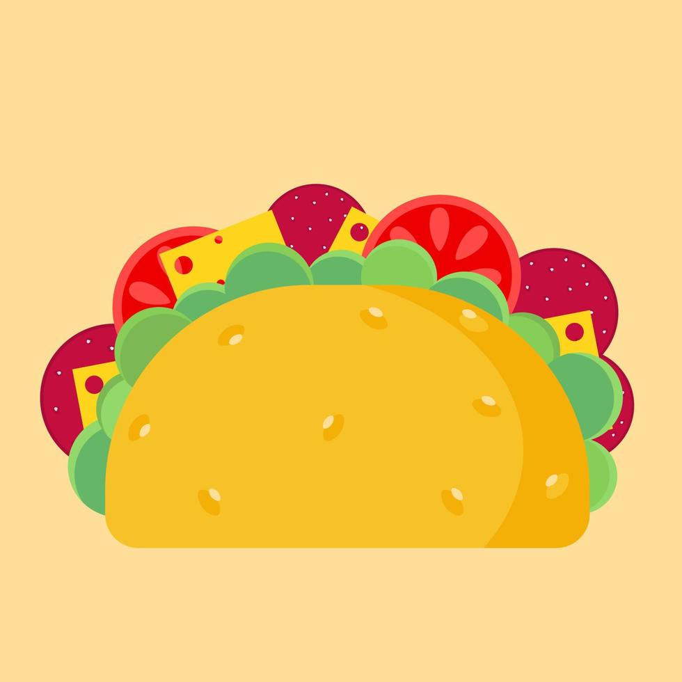 Delicious vector tacos with cheese and vegetables and sausage on yellow background. Vector. Isolate. Icon.