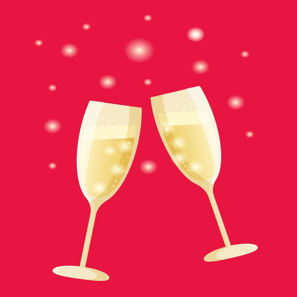 Two sparkling glasses of champagne on pink background. Vector illustration