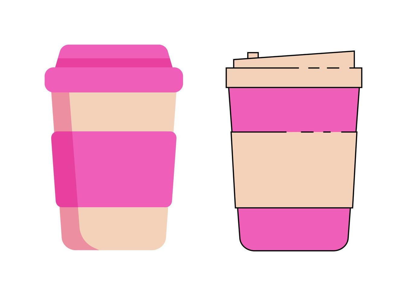 Pink paper cup. Cups for hot coffee and tea. Container drink for cafe, coffee or tea hot illustration. Vector EPS110