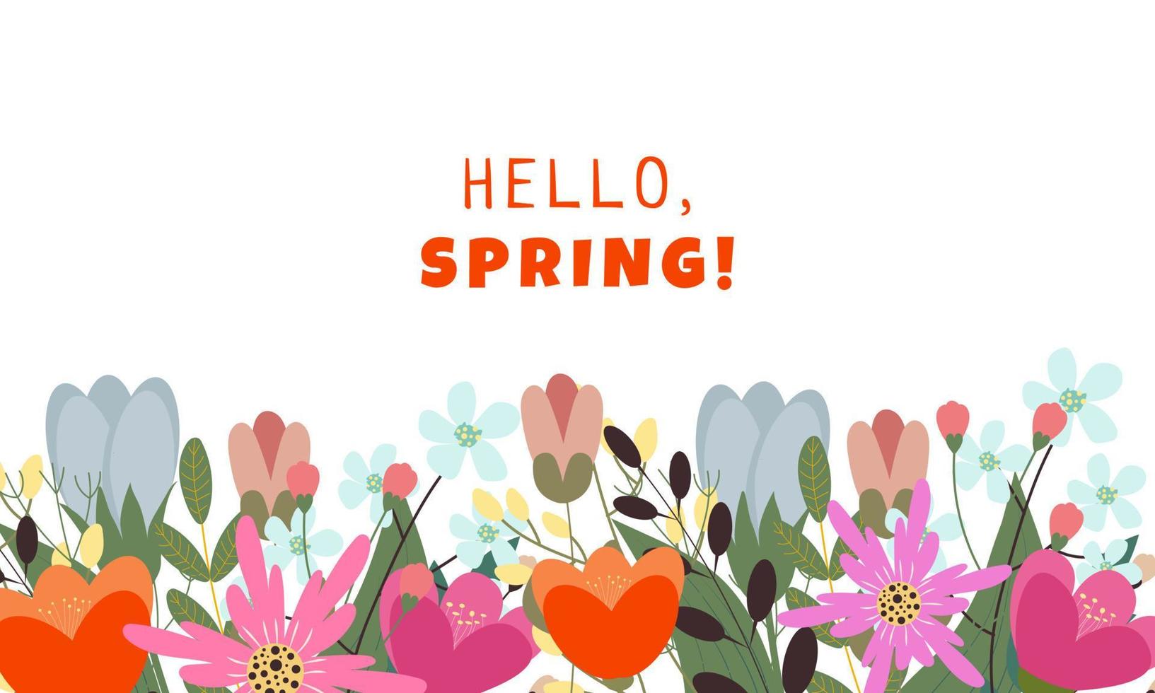 hola pancarta de primavera. vocación de temporada, fin de semana, logotipo de vacaciones. fondo de pantalla de primavera. Feliz día de primavera. texto de letras vectoriales de primavera. estilo de moda. vector de flor