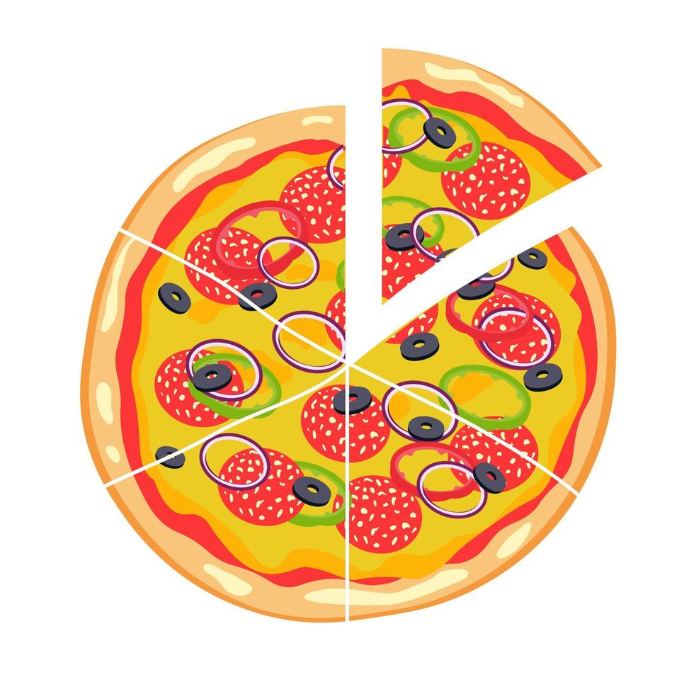 Vector pepperoni pizza with slice. Fast food Illustration. Vector EPS10