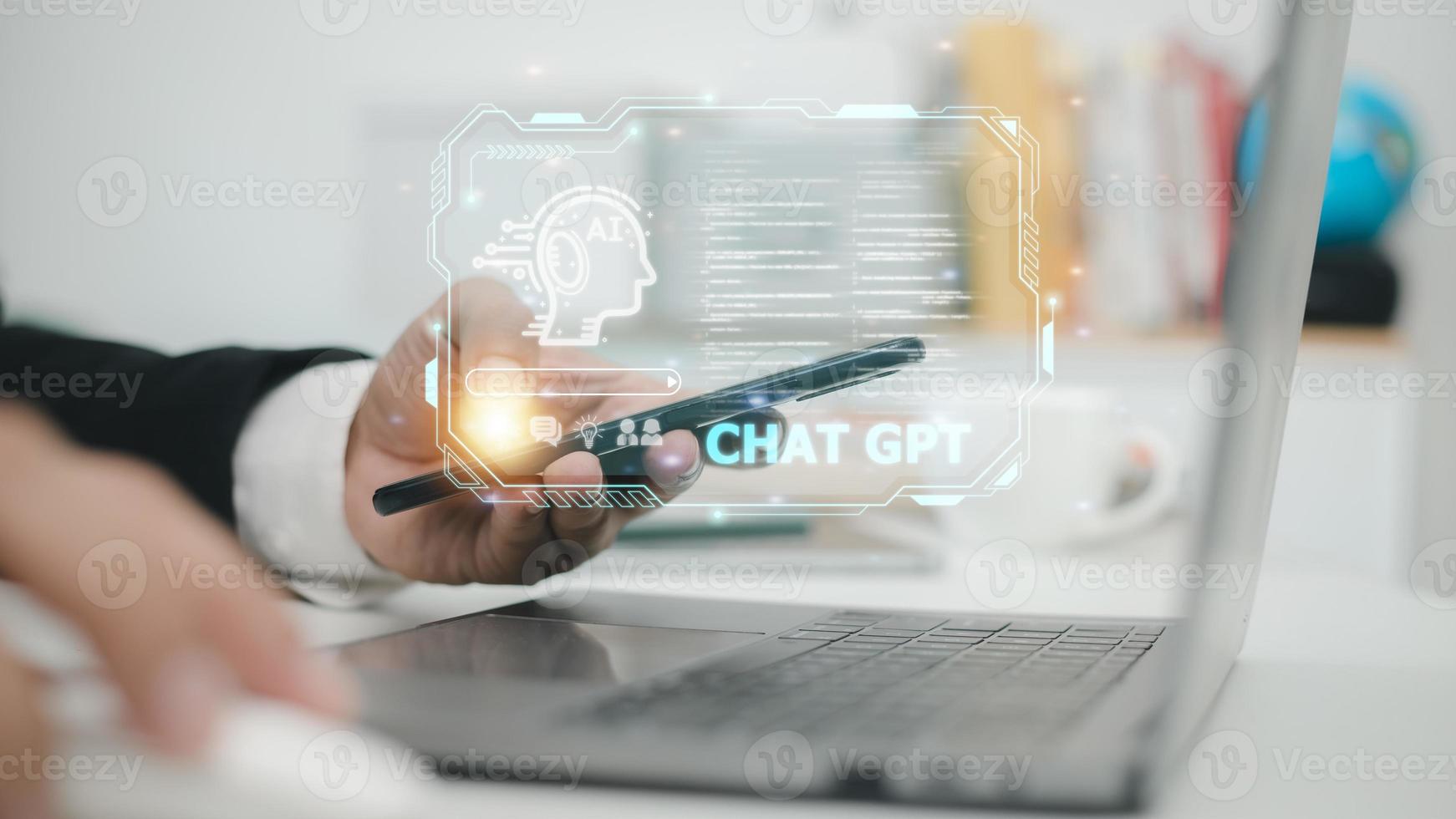 ChatGPT Chat with AI or Artificial Intelligence. Business chatting with a smart AI or artificial intelligence using an artificial intelligence chatbot developed by OpenAI. photo