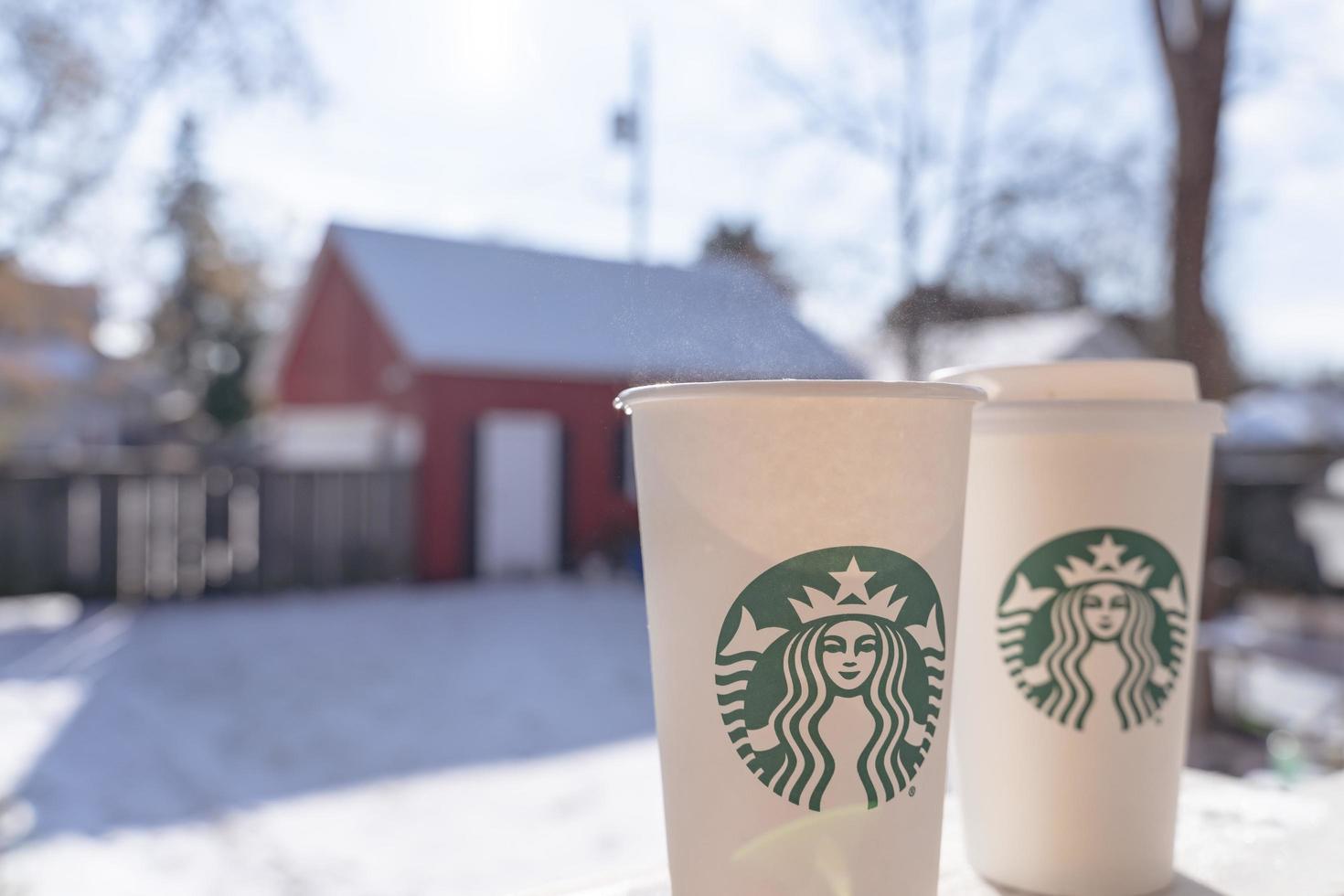 marinette, wi, usa - 14 de noviembre de 2023- tazas de café caliente de starbucks puestas en la nieve blanca en el jardín de invierno, concepto de comida para llevar de bebidas frescas y calientes. foto