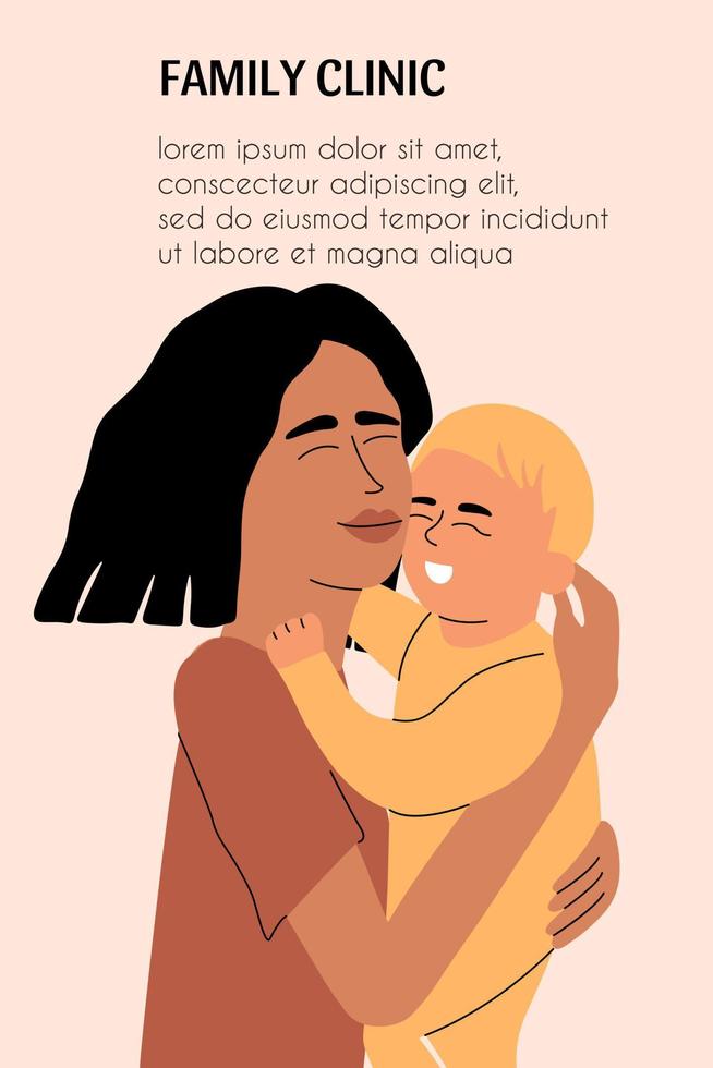 Mom holds a small child in her arms. Happiness of motherhood, maternity leave. Template for a medical site. Vector illustration in flat style