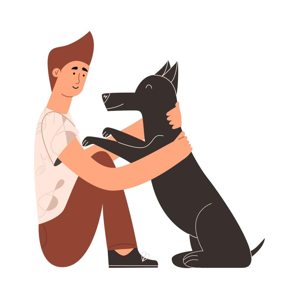 el niño abraza a su perro. el concepto de apoyo emocional para los animales. terapia mental positiva. ilustración vectorial vector