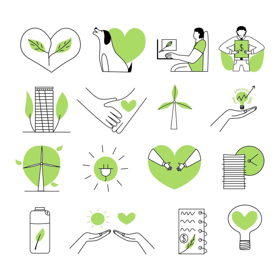 Large set of flat conceptual black-green ESG icons. Collection of environmental, technological and social symbols. Vector illustration