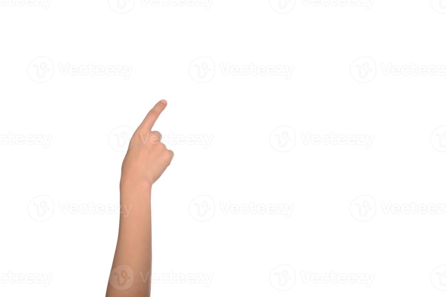 Hand of asian woman touching invisible screen on white background. photo