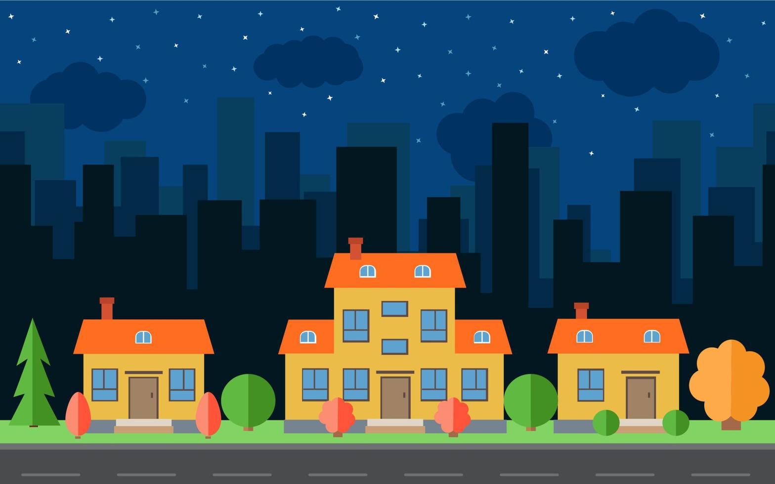 ciudad nocturna vectorial con casas y edificios de dibujos animados. espacio de la ciudad con carretera en concepto de fondo de estilo plano vector