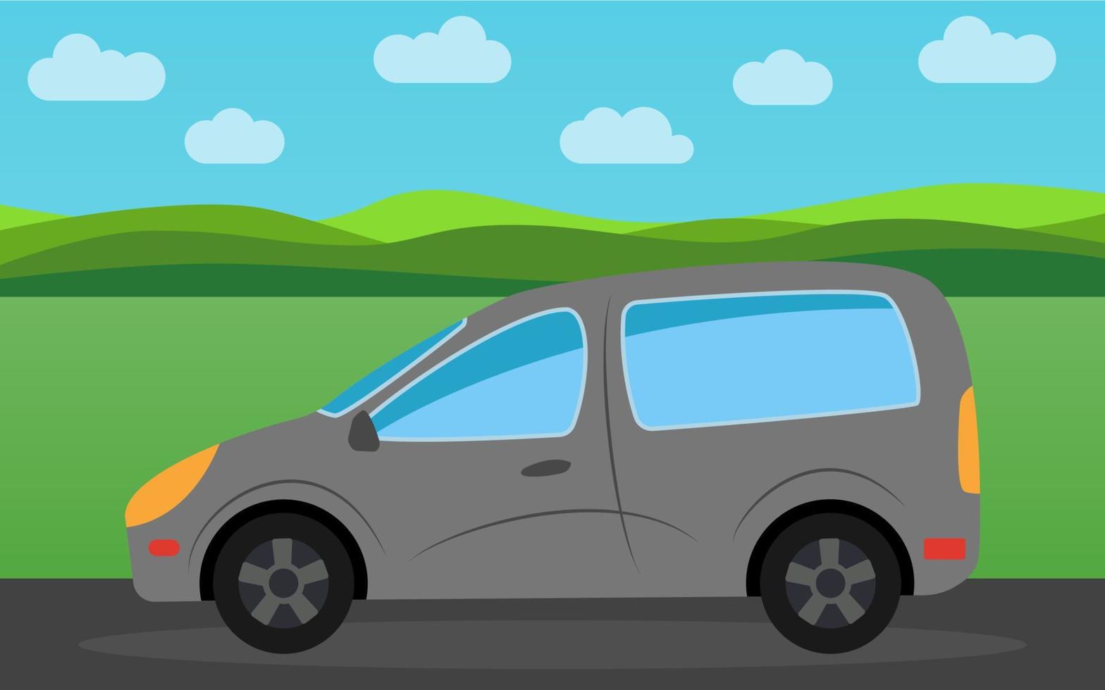 Gray car in the background of nature landscape in the daytime. Vector illustration.