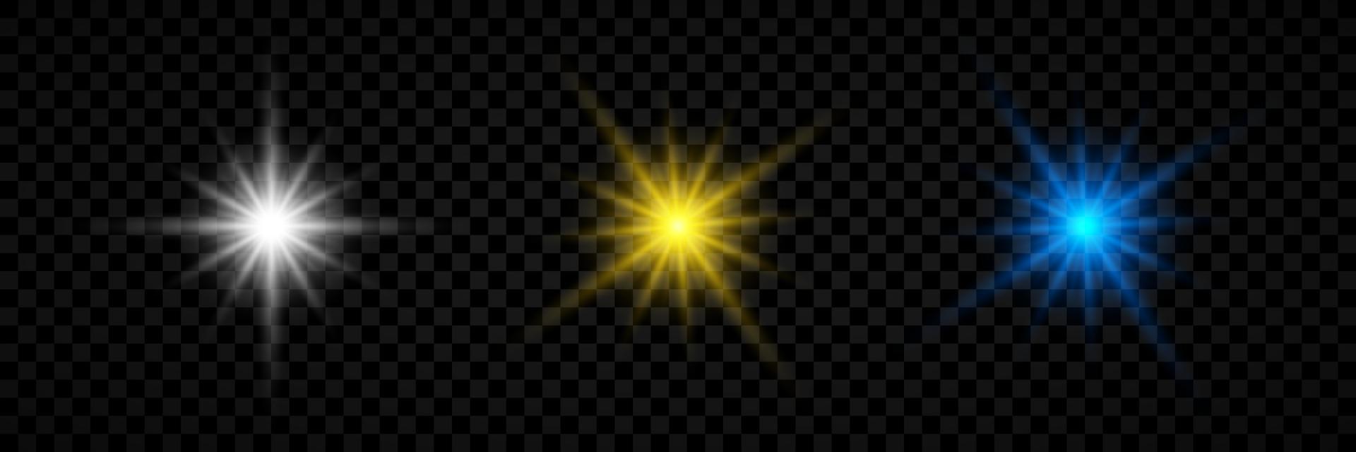 Light effect of lens flares. Set of three white, yellow and blue glowing lights starburst effects with sparkles. Vector illustration