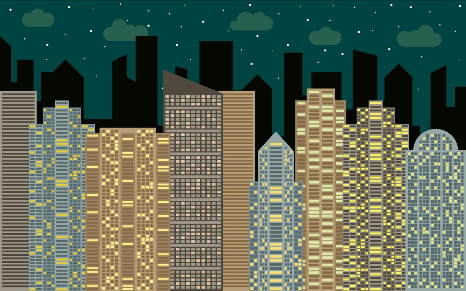 paisaje urbano nocturno. vista de la calle con paisaje urbano, rascacielos y edificios modernos en un día soleado. espacio de la ciudad en concepto de fondo de estilo plano. vector