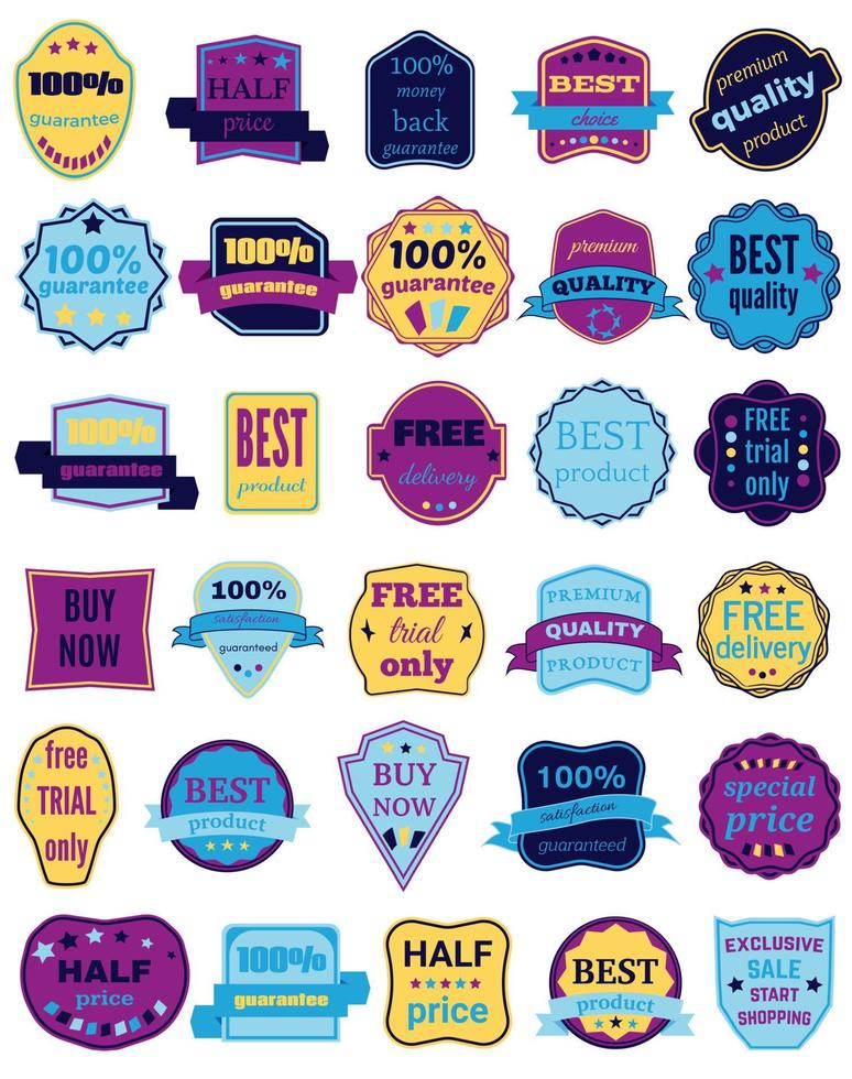 Set of Thirty Vector Badges with Ribbons. Web stickers and labels. Isolated vector illustration.
