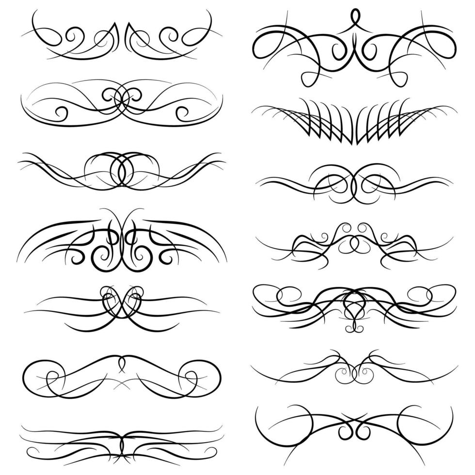 Set of vintage decorative curls, swirls, monograms and calligraphic borders. Line drawing design elements in black color on white background. Vector illustration.