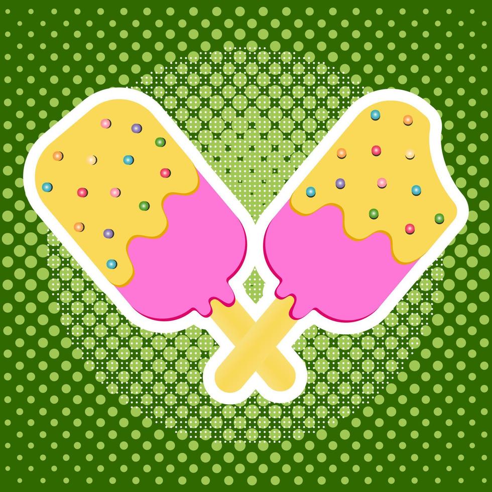 Pop Art Ice Cream Dessert on a Wooden Stick. Ice Cream on a Green Vintage Background vector