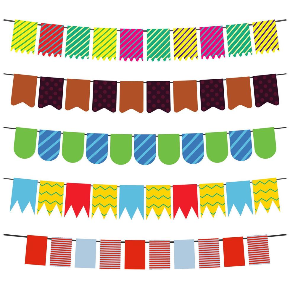 Colorful flags and bunting garlands for decoration. Decor elements with various patterns. Vector illustration