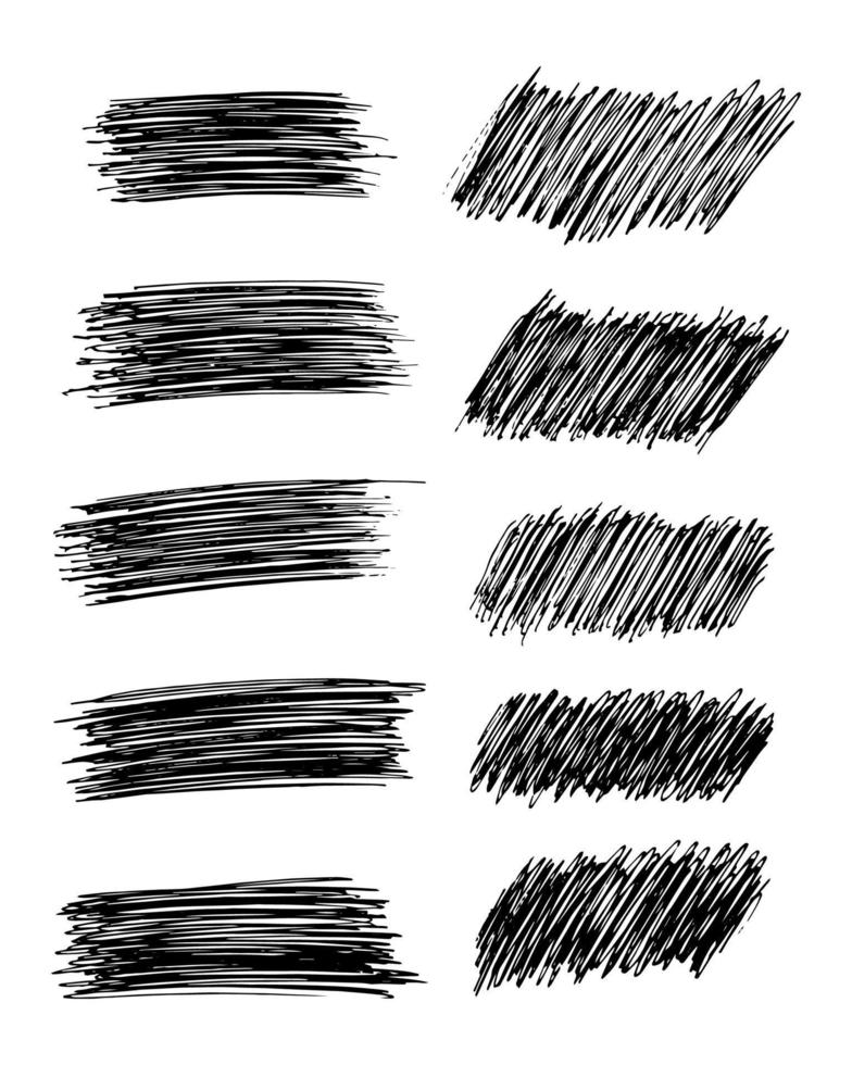 Sketch Scribble Smear. Set of ten Hand drawn Pencil Scribble Stains. Distressed Grunge Paint Roller. Vector illustration.