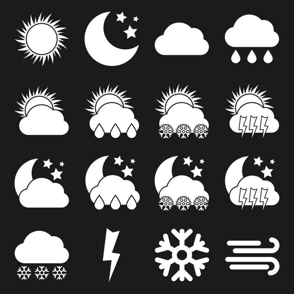 conjunto de dieciséis iconos meteorológicos. whire iconos para diferentes condiciones climáticas sobre fondo oscuro. ilustración vectorial vector