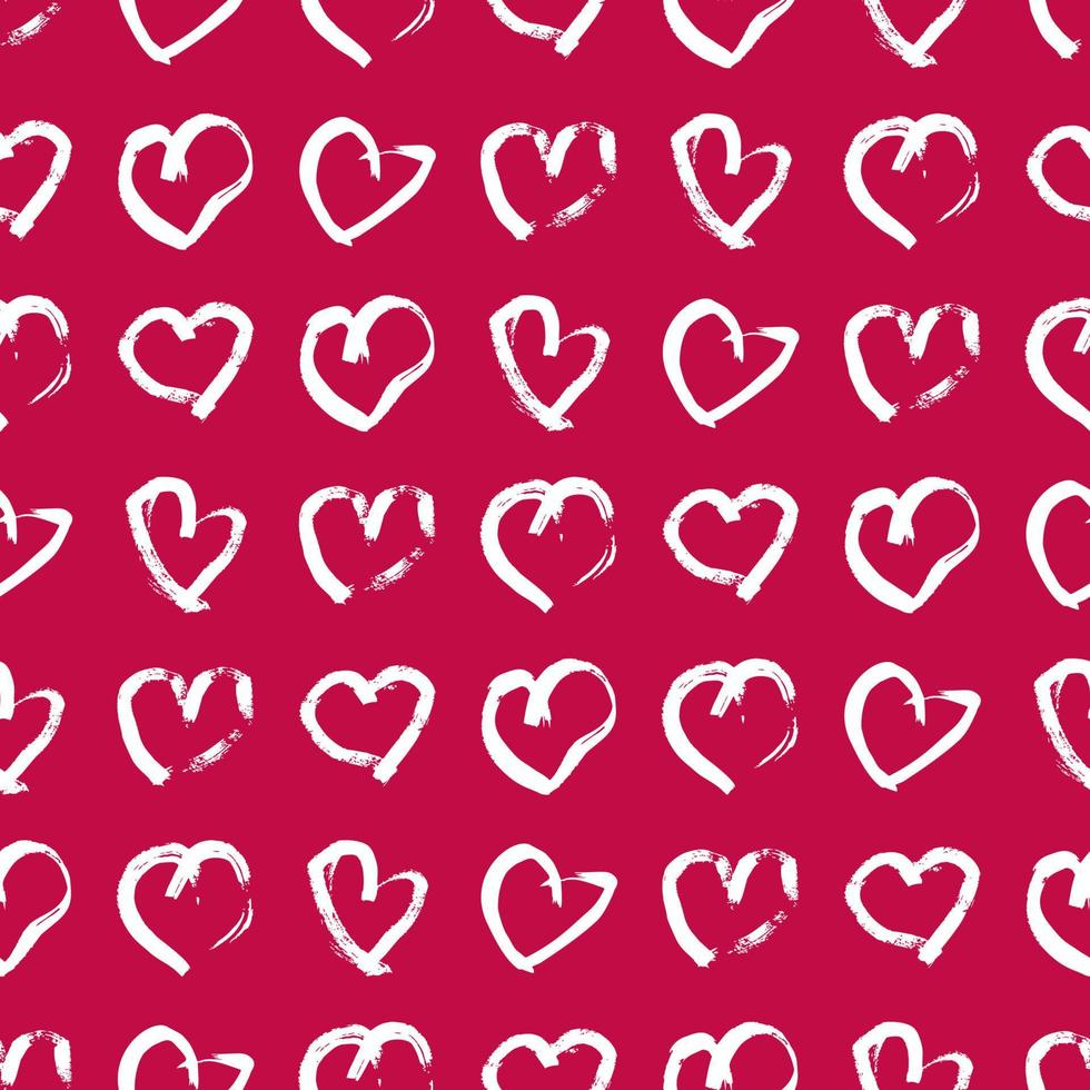 Seamless pattern with hand drawn hearts. Doodle grunge white hearts on red background. Vector illustration.