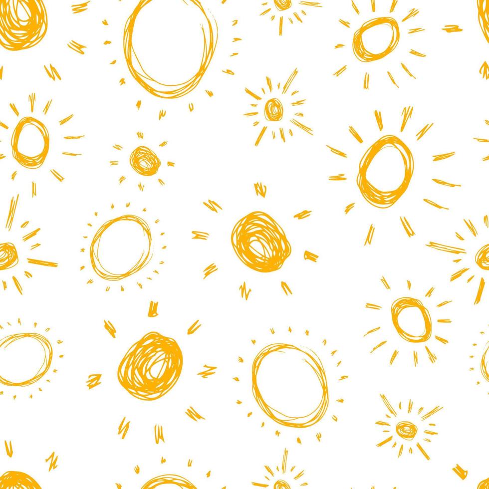 Hand drawn sun. Seamless pattern of simple sketch sun's. Solar symbol. Yellow doodle isolated on white background. Vector illustration.