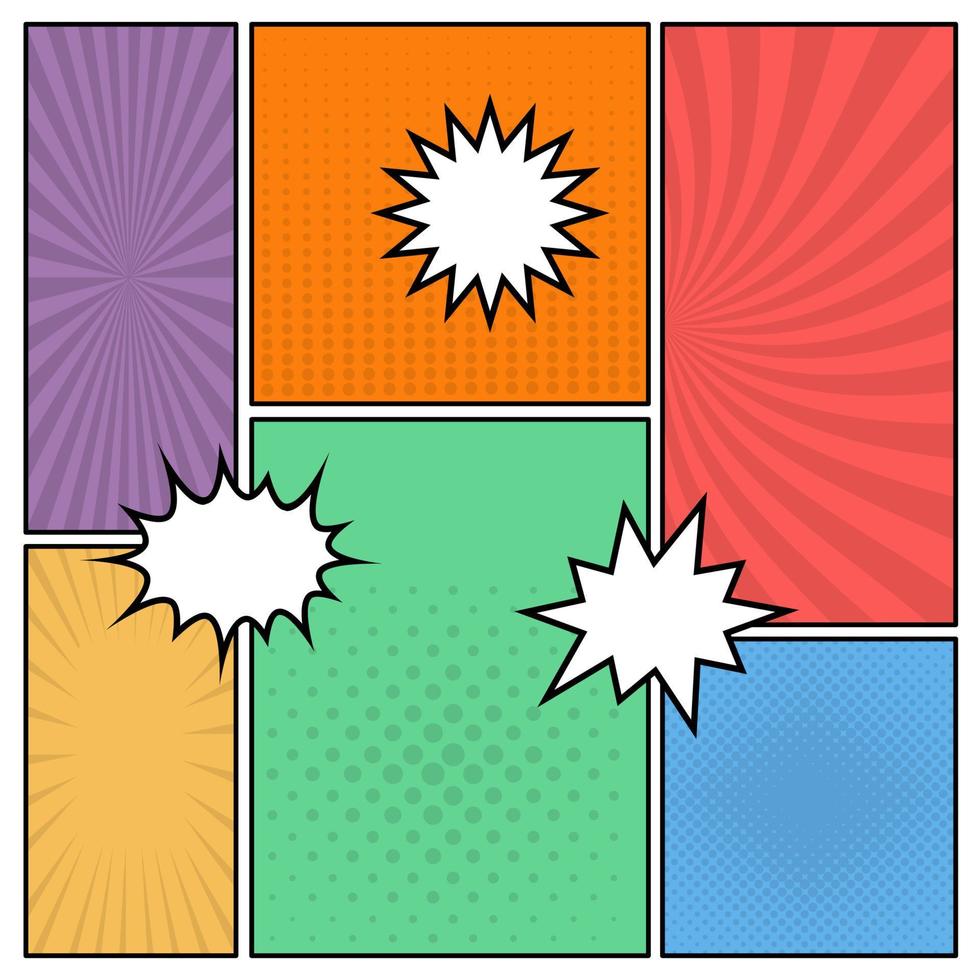 Colorful comic book page background in pop art style with empty speech bubbles. Template with rays and dots pattern. Vector illustration