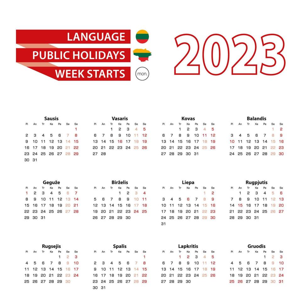 calendario 2023 en idioma lituano con días festivos el país de lituania en el año 2023. vector