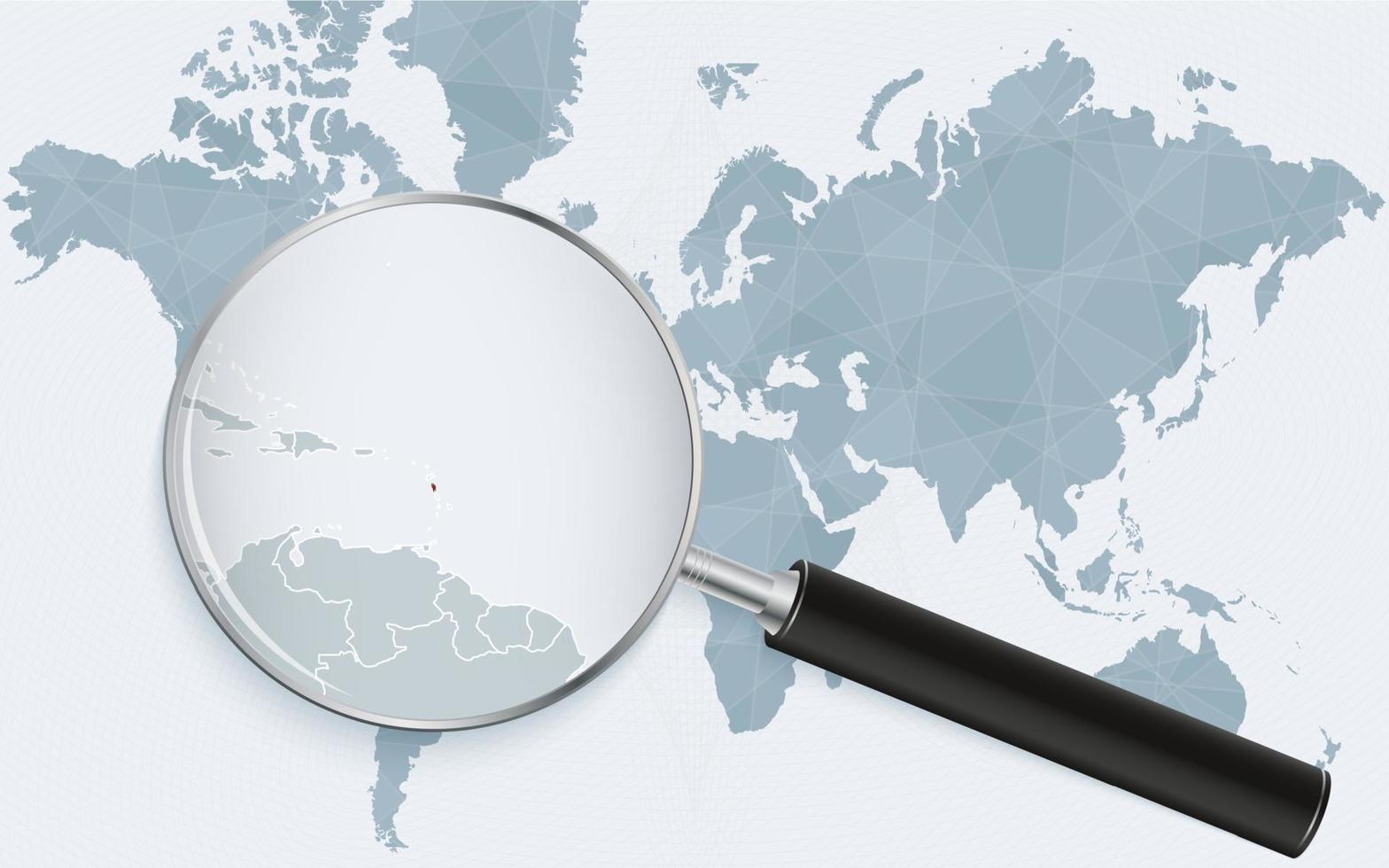 World map with a magnifying glass pointing at Dominica. Map of Dominica with the flag in the loop. vector