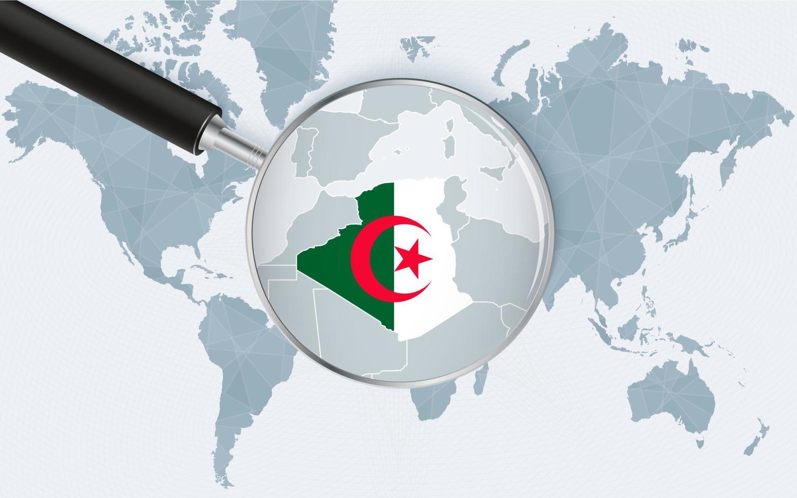 World map with a magnifying glass pointing at Algeria. Map of Algeria with the flag in the loop. vector