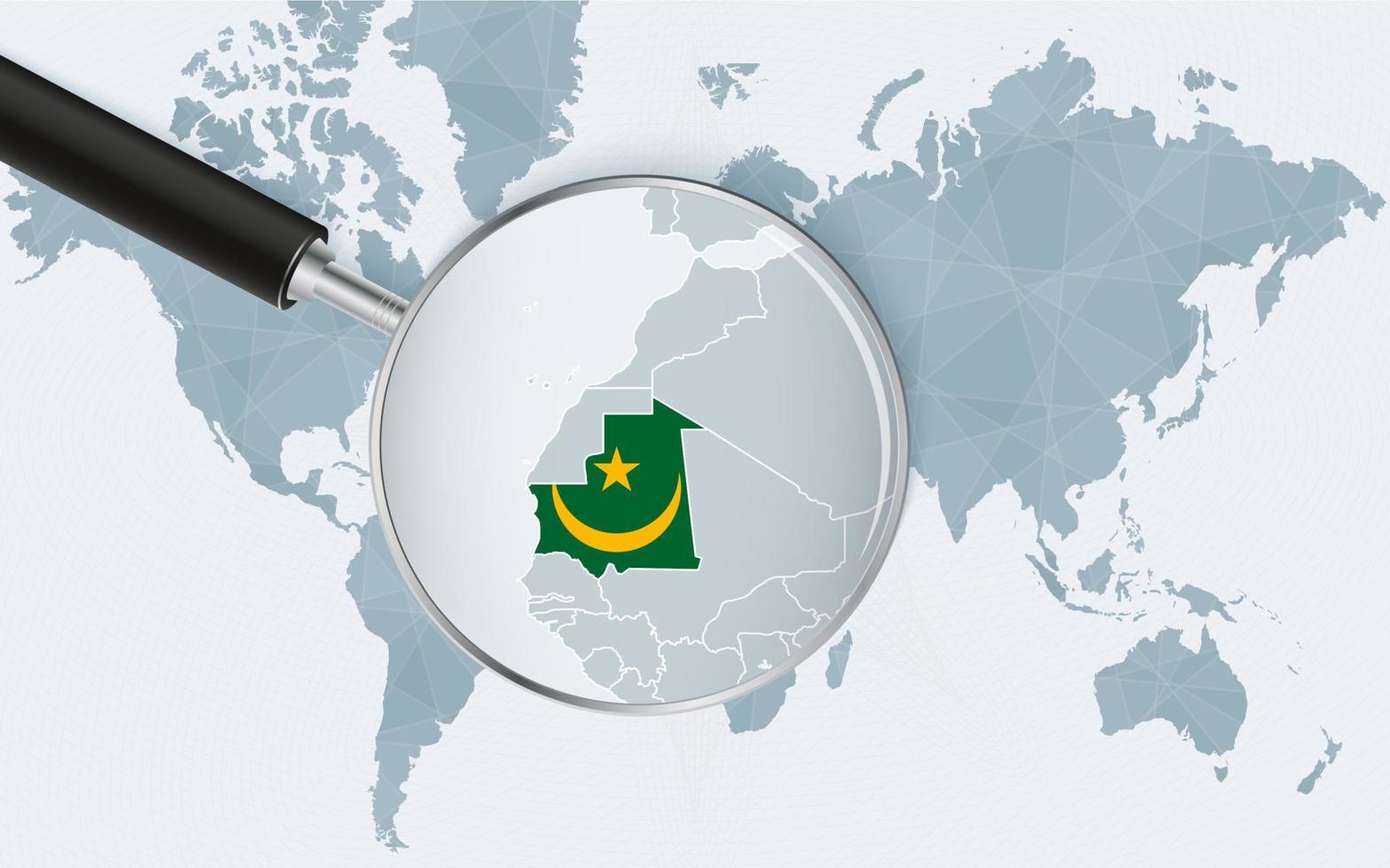 World map with a magnifying glass pointing at Mauritania. Map of Mauritania with the flag in the loop. vector