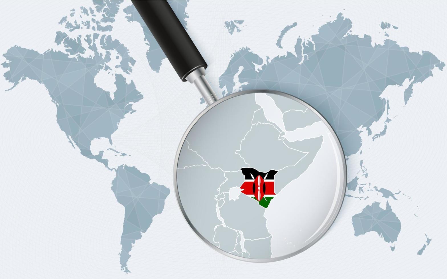 World map with a magnifying glass pointing at Kenya. Map of Kenya with the flag in the loop. vector