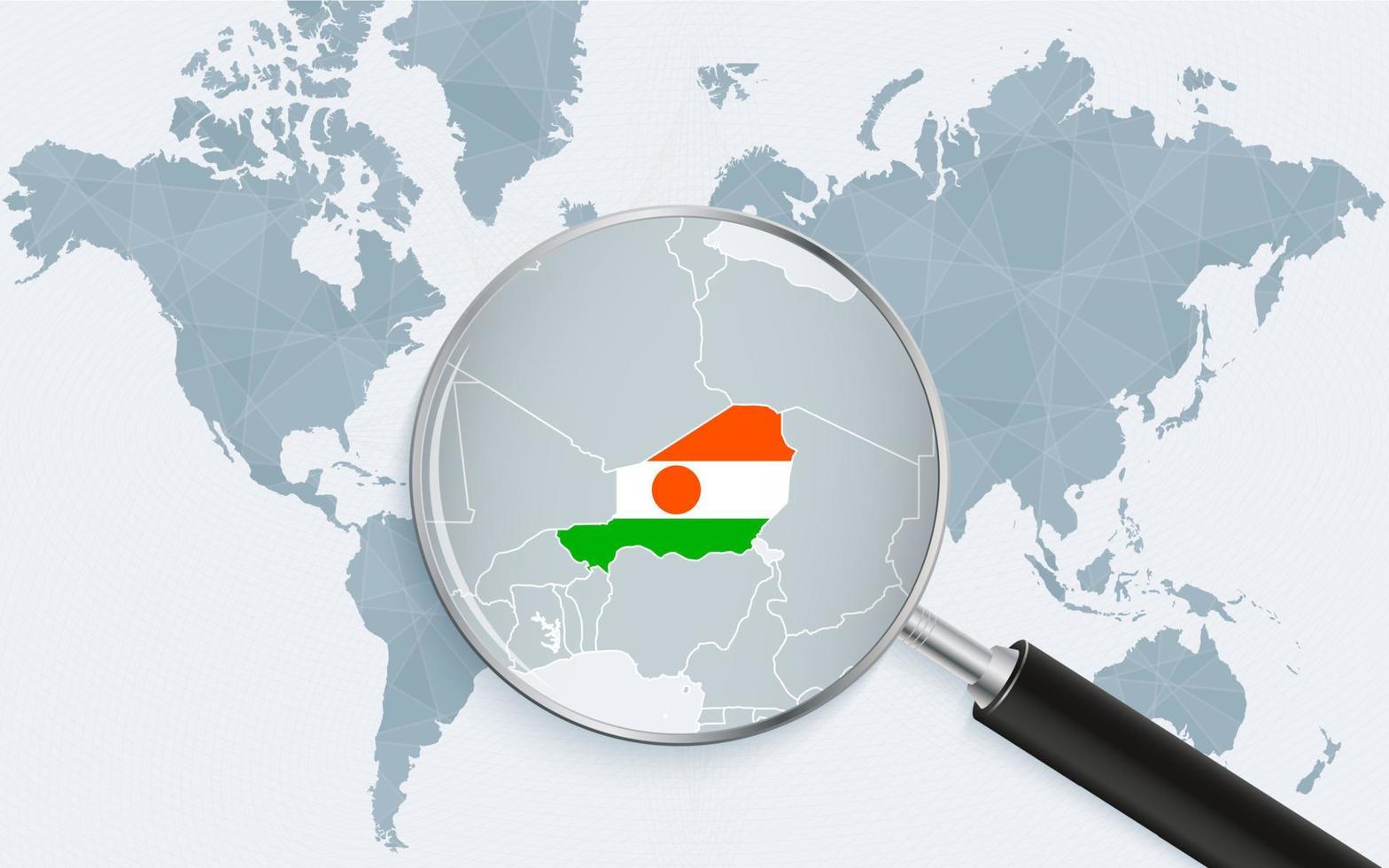 World map with a magnifying glass pointing at Niger. Map of Niger with the flag in the loop. vector