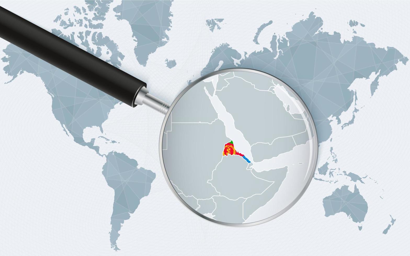 World map with a magnifying glass pointing at Eritrea. Map of Eritrea with the flag in the loop. vector