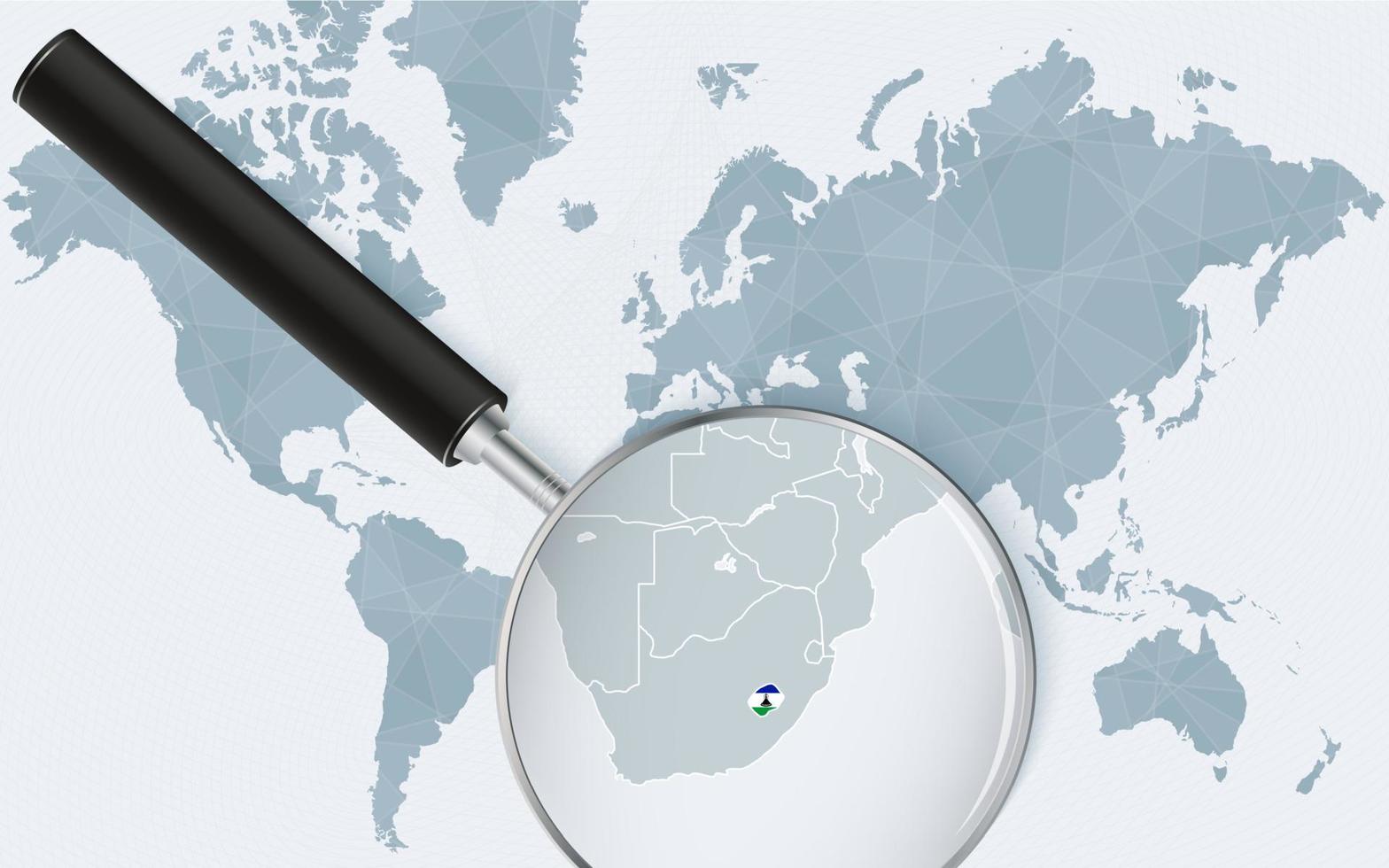 World map with a magnifying glass pointing at Lesotho. Map of Lesotho with the flag in the loop. vector