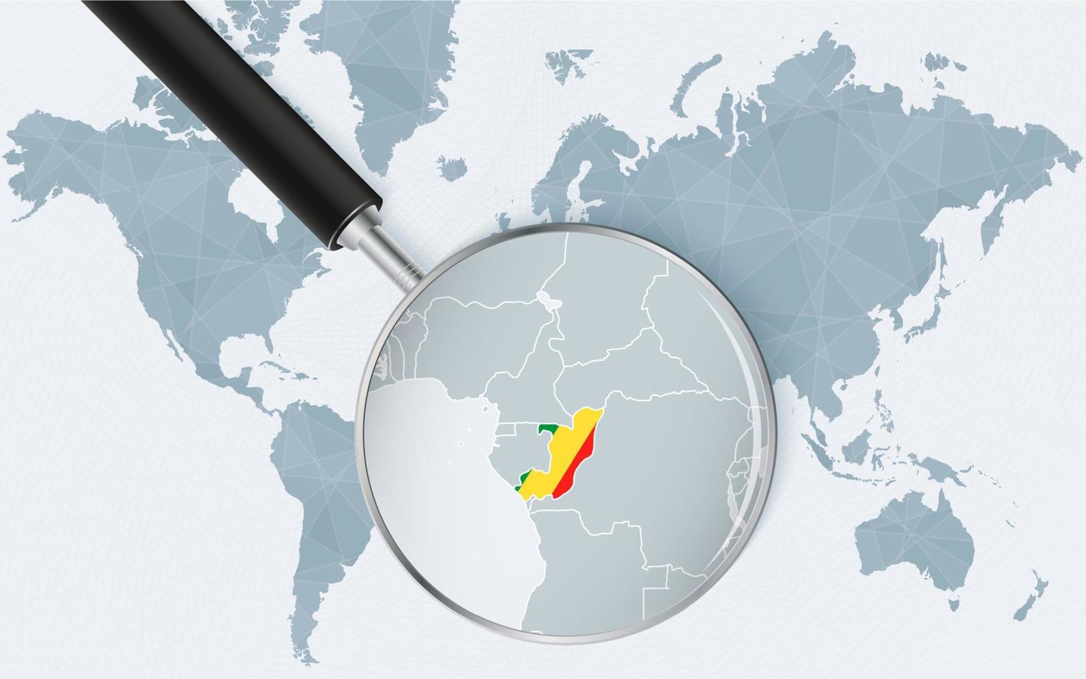 World map with a magnifying glass pointing at Congo. Map of Congo with the flag in the loop. vector