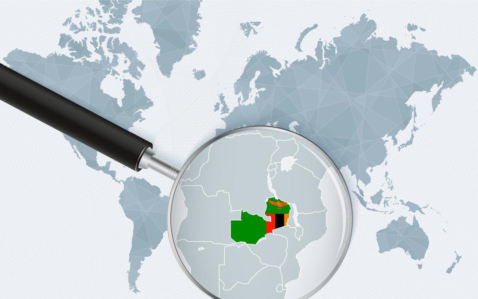 World map with a magnifying glass pointing at Zambia. Map of Zambia with the flag in the loop. vector