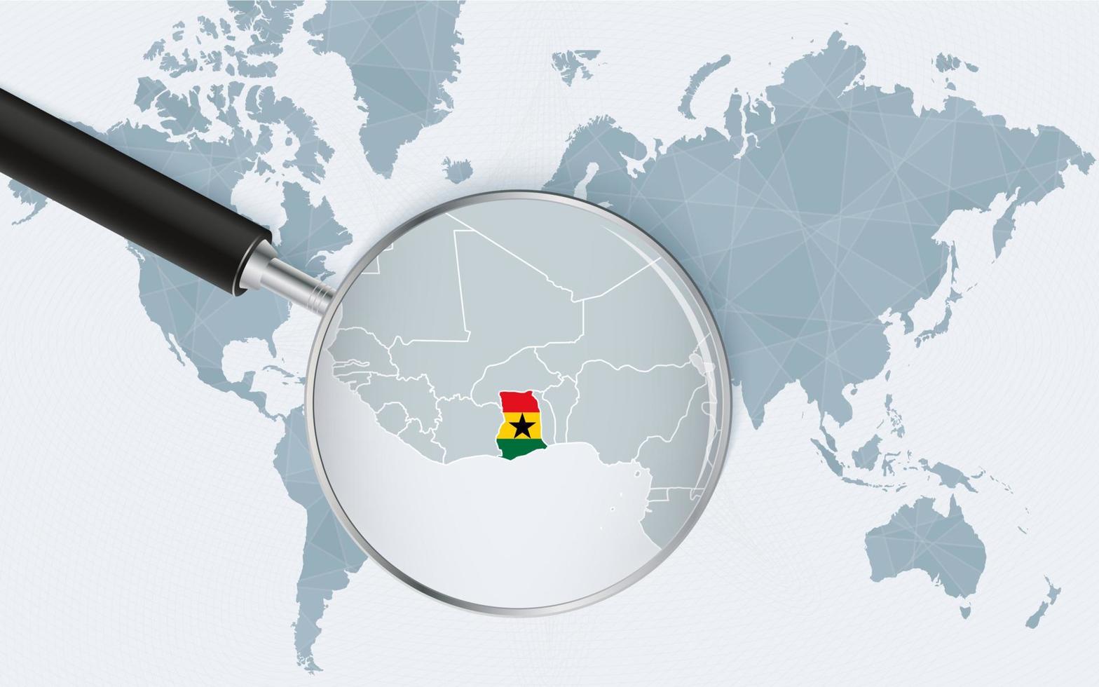 World map with a magnifying glass pointing at Ghana. Map of Ghana with the flag in the loop. vector