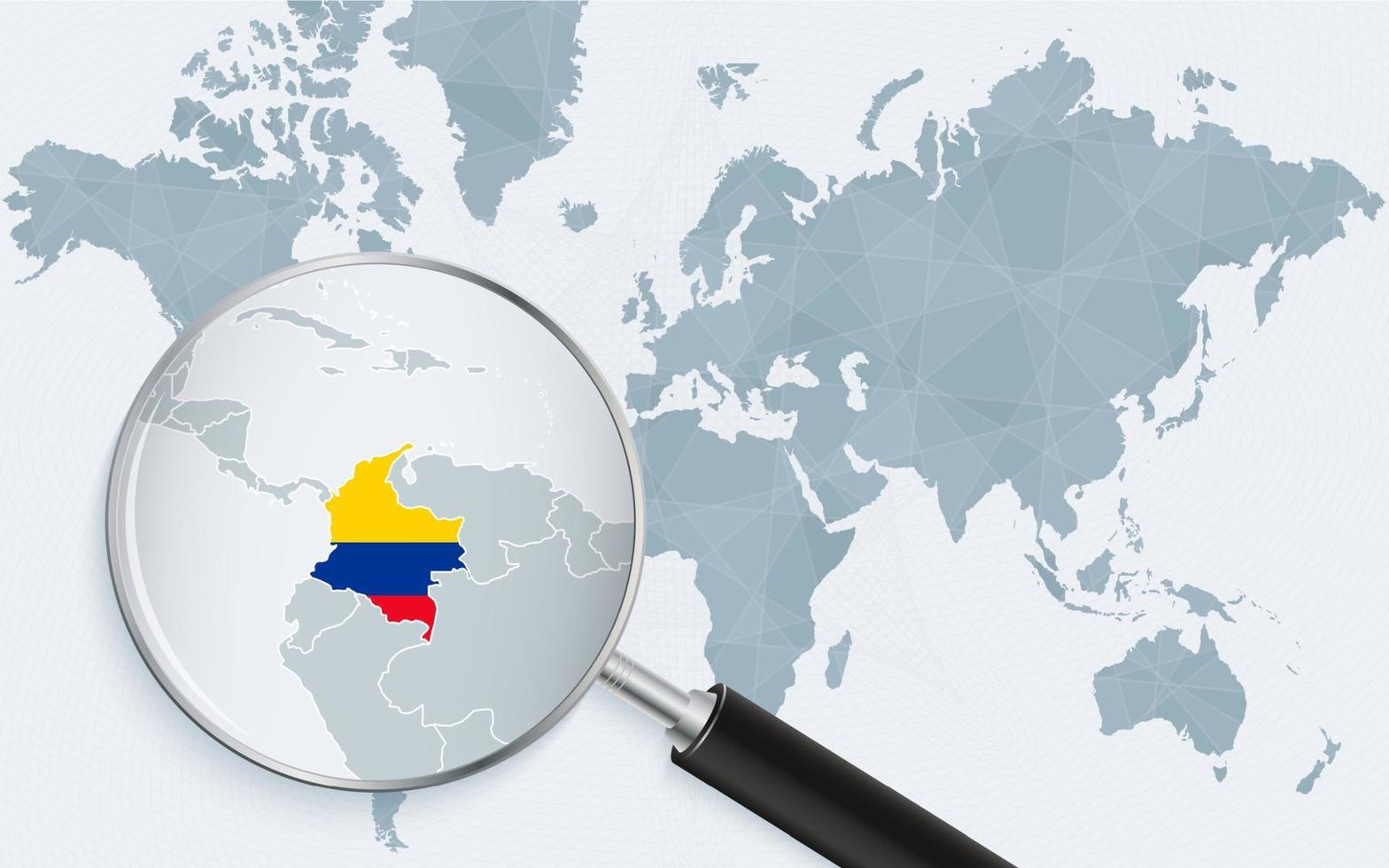 World map with a magnifying glass pointing at Colombia. Map of Colombia with the flag in the loop. vector