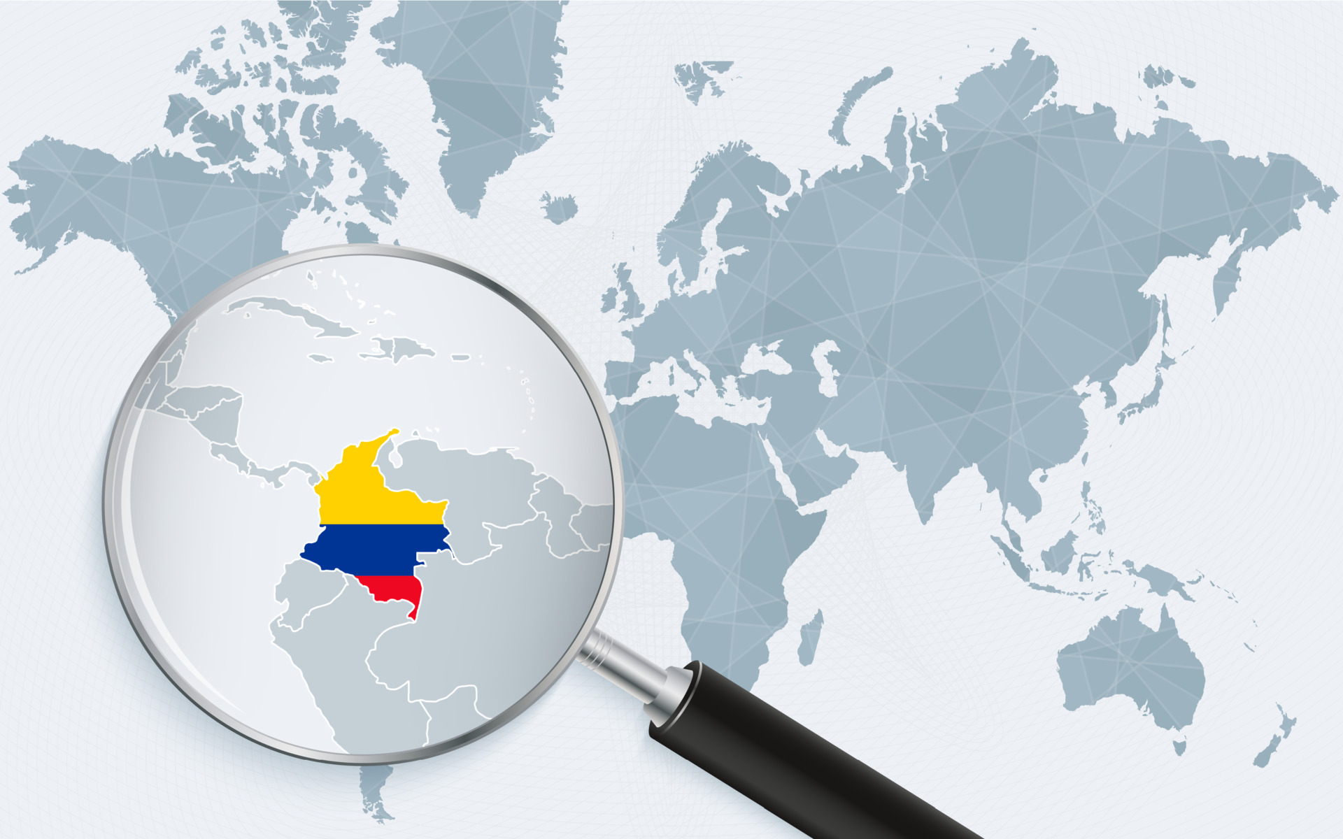 World Map With A Magnifying Glass Pointing At Colombia Map Of Colombia World Map With A Magnifying Glass Pointing At Colombia Map Of Colombia With The Flag In The Loop Vector