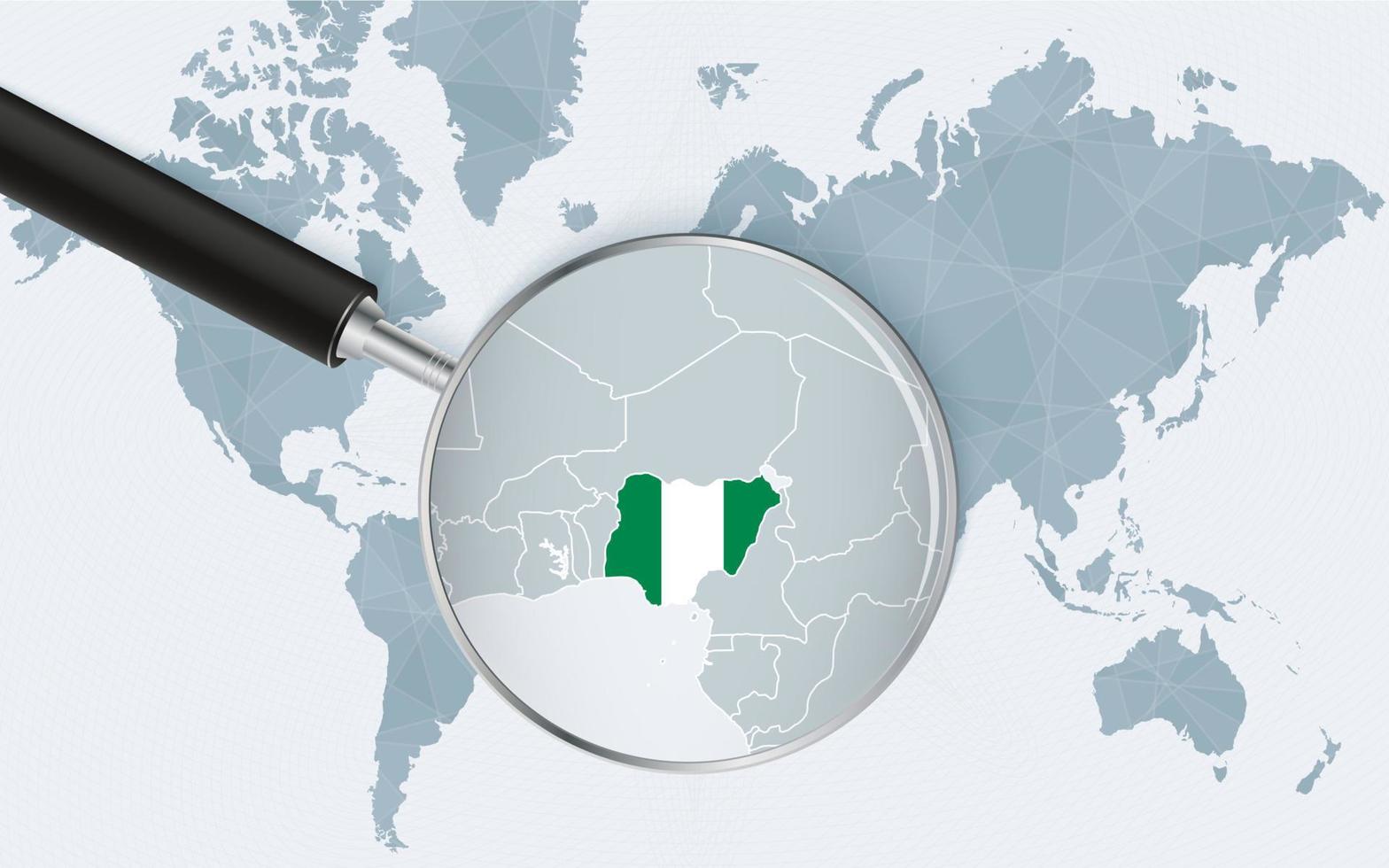 World map with a magnifying glass pointing at Nigeria. Map of Nigeria with the flag in the loop. vector