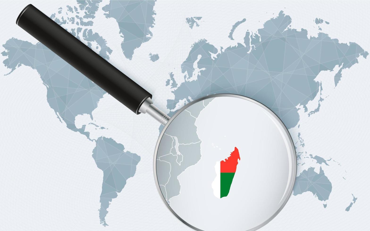 World map with a magnifying glass pointing at Madagascar. Map of Madagascar with the flag in the loop. vector