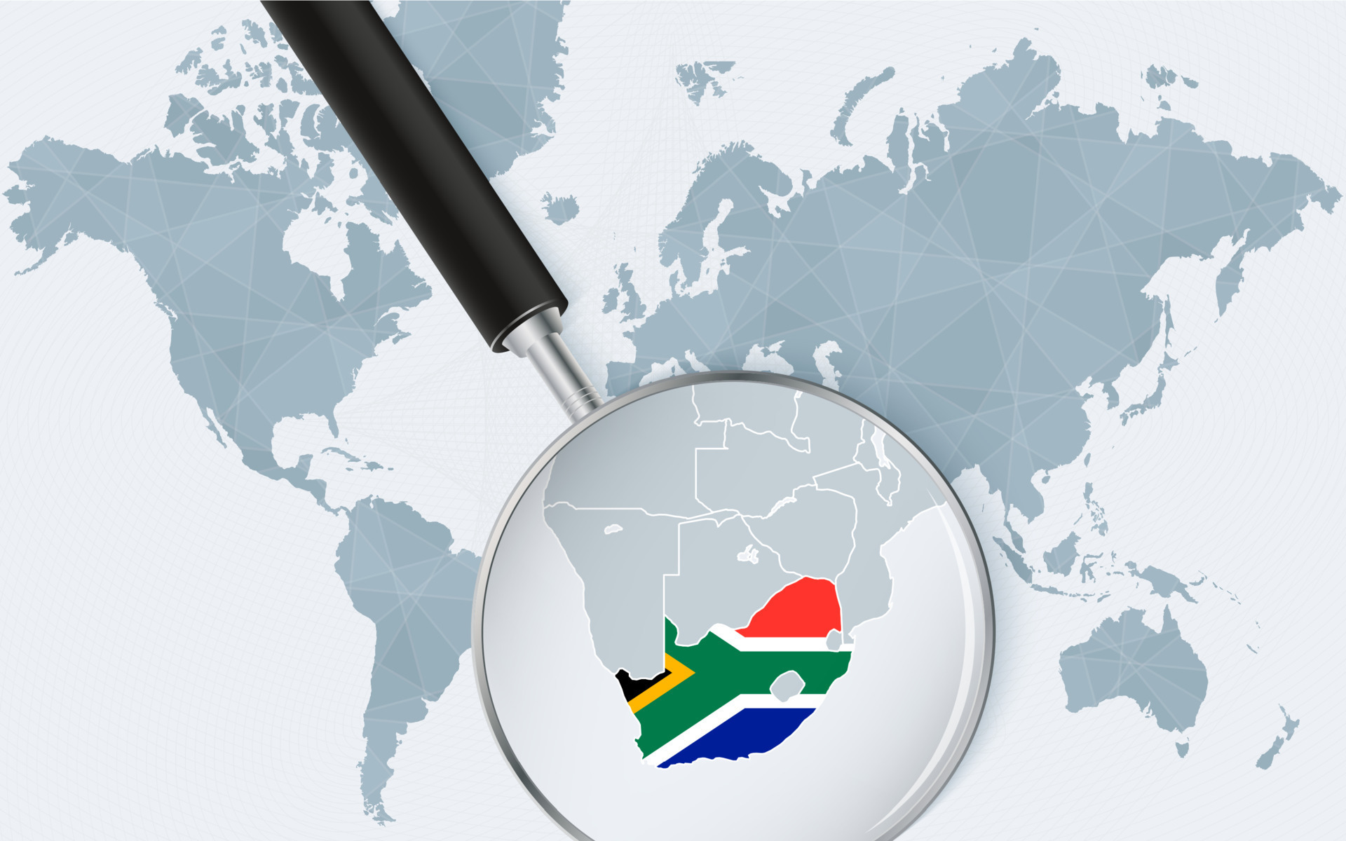 World map with a magnifying glass pointing at South Africa. Map of