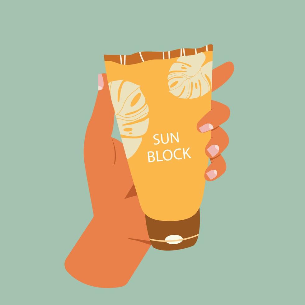 mano femenina sosteniendo un tubo de loción. crema hidratante de protección solar, bloqueador solar, protección de la piel y concepto de bloqueo de rayos uv. ilustración vectorial dibujada a mano. póster prefabricado o plantilla de impresión vector