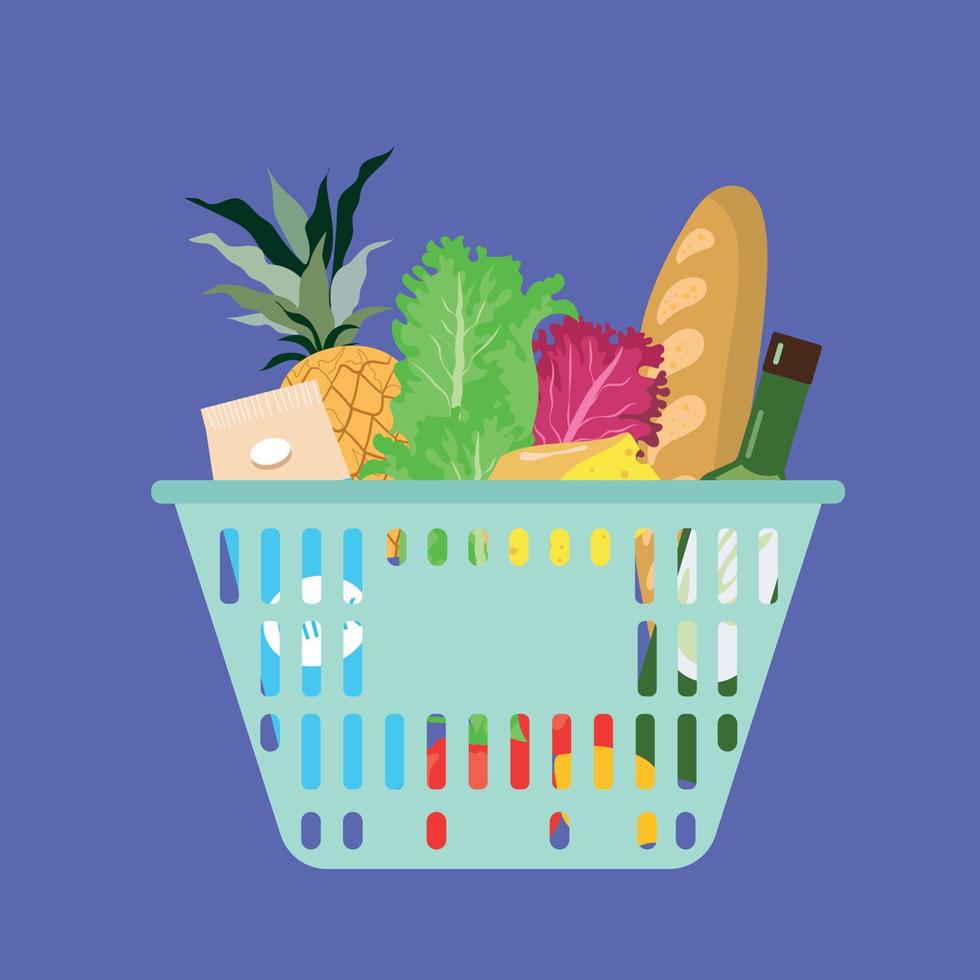 canasta de comestibles - una canasta con varios alimentos y bebidas. ilustración vectorial en estilo plano, plantilla de diseño vector