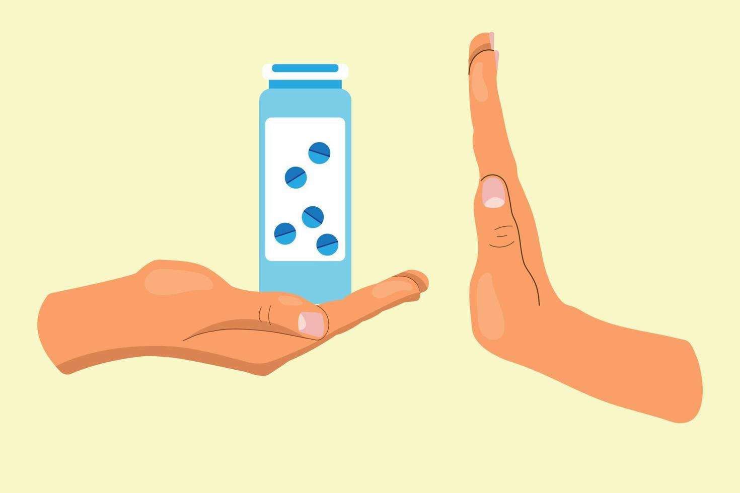 Stop medicines. Refusal of the medicine. No pills. Person refuses treatment with pills. Vector illustration flat design. Isolated on white background. Stop gesture.