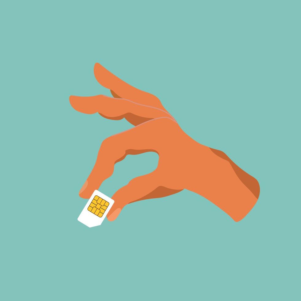 Human holding sim card in hand. Vector illustration cartoon design. Isolated on background. Mobile element. Finger closeup, big SIM card.