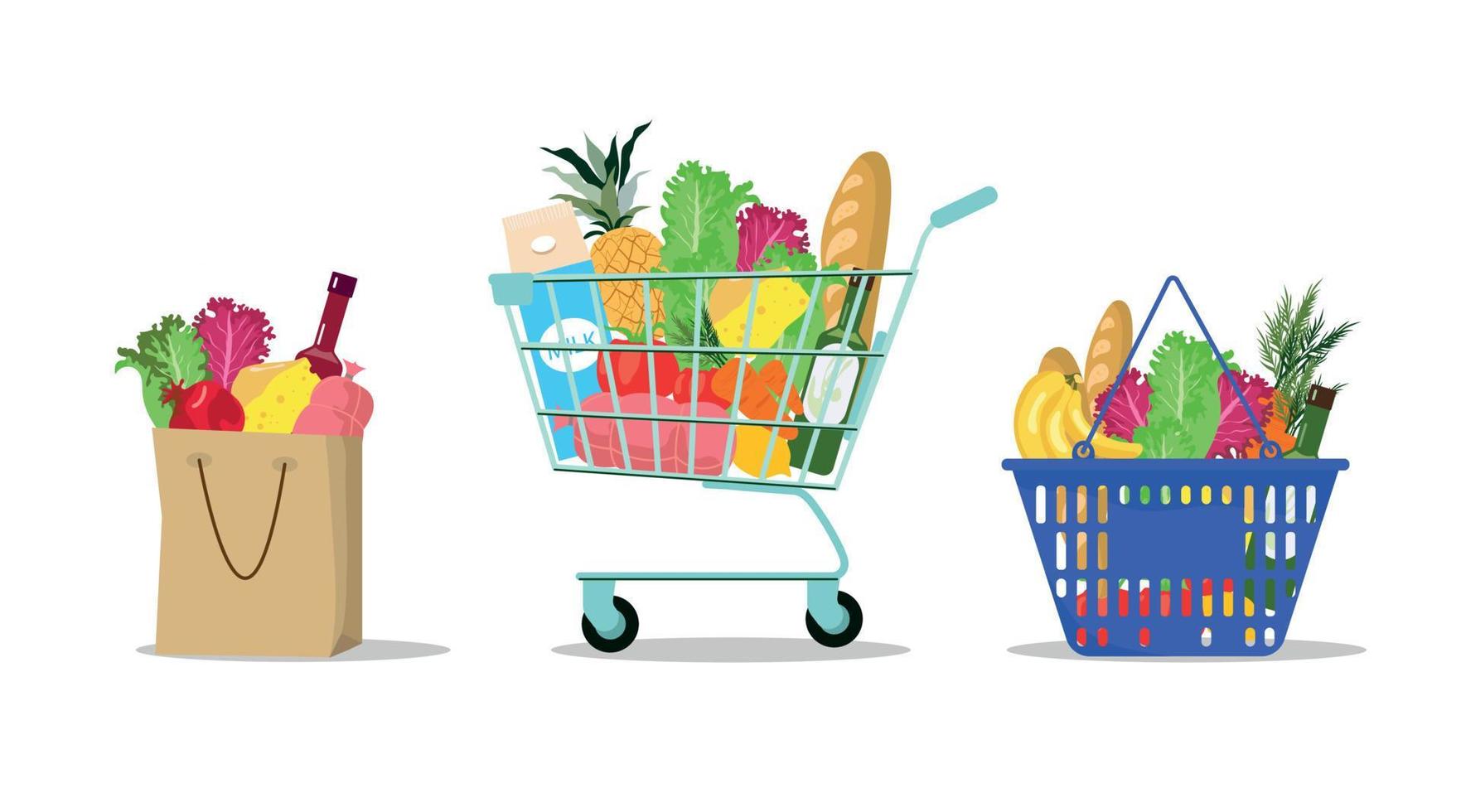 Food bag. Shopping cart and paper bag with supermarket grocery set, bread, milk, vegetables, fruits, meat, cart full of healthy fresh food, online shopping illustration. Vector clipart.