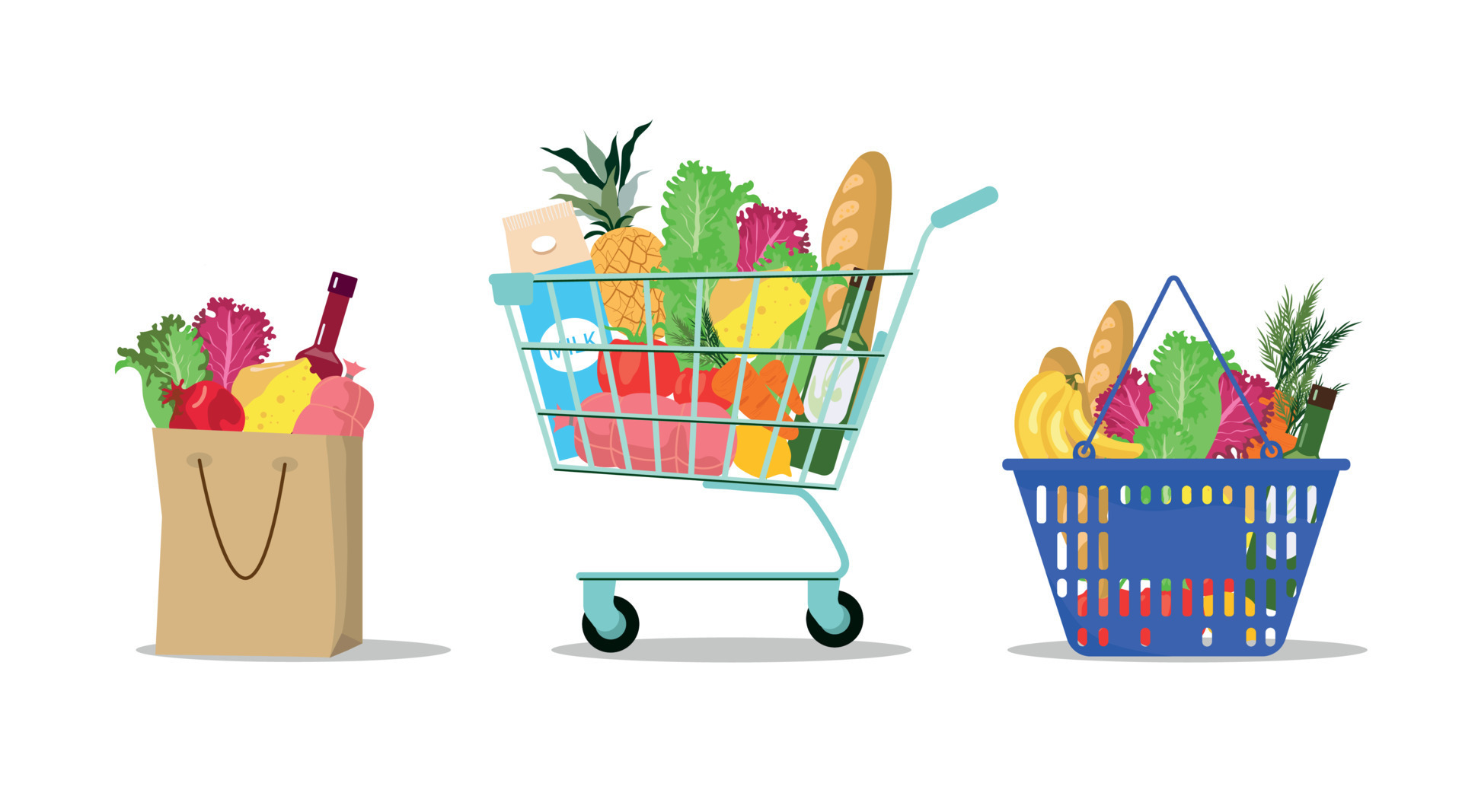 Food bag. Shopping cart and paper bag with supermarket grocery set