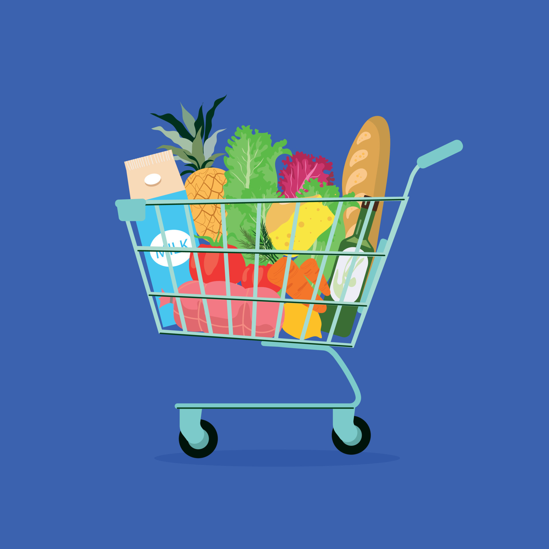 Un carrito de compras completo. tienda, supermercado. un conjunto de  productos frescos, saludables y naturales. ilustración de vector sobre  fondo blanco.